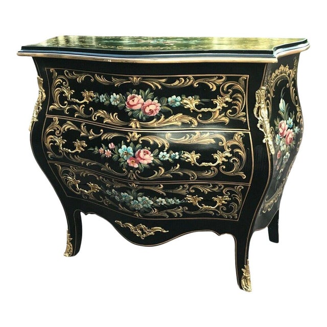 Mid 20th Century 1950s French Louis XVI Black Floral Beech Commode Chest For Sale - Image 5 of 10