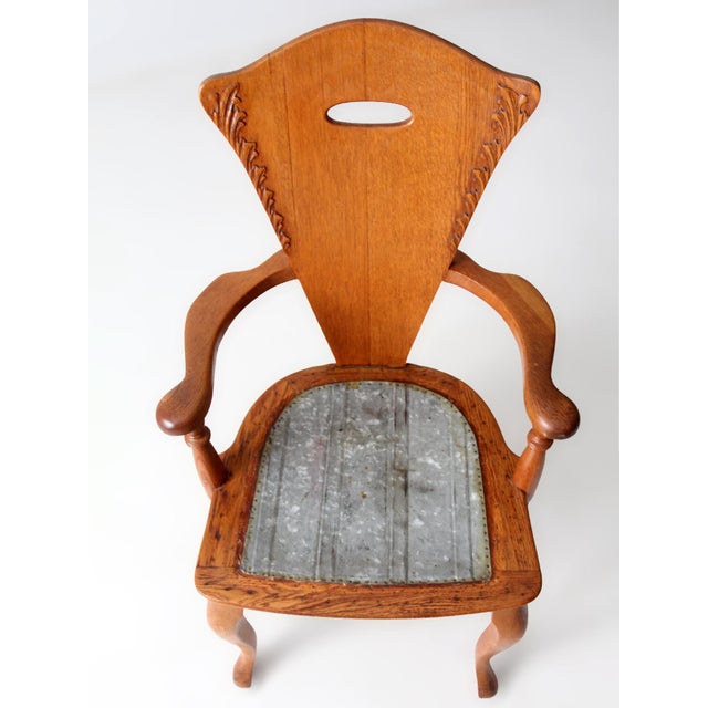 Brown Antique Arts & Crafts Wood Armchair With Metal Seat For Sale - Image 8 of 18