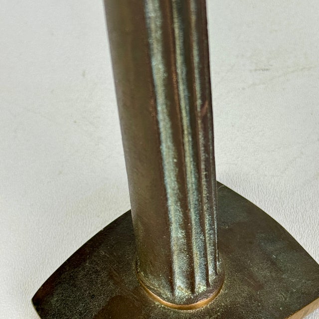 Bronze Antique Pair of Solid Bronze Art Nouveau French Candlesticks in Column Design and Brass Finish For Sale - Image 8 of 13