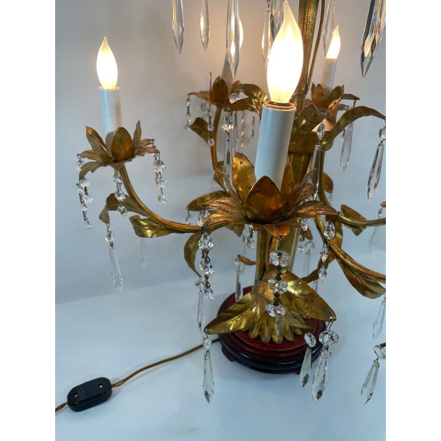 Metal Mid 20th Century Italian Gilt Tole and Crystals Electric Candelabra Lamp For Sale - Image 7 of 18