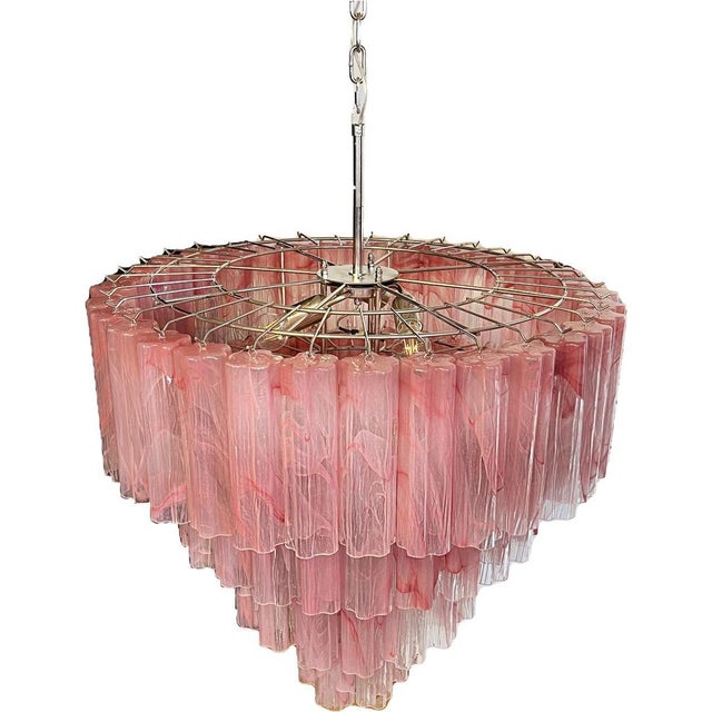 Vintage Murano Glass Tiered Chandeliers with 78 Alabaster Pink Glasses, 1990s, Set of 2 For Sale - Image 10 of 16