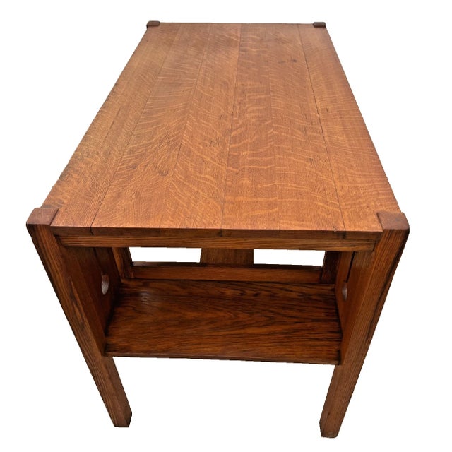Early 20th Century Antique Mission Arts and Crafts Library Desk, Drawer, Tiger Oak, Side Shelves For Sale - Image 5 of 12