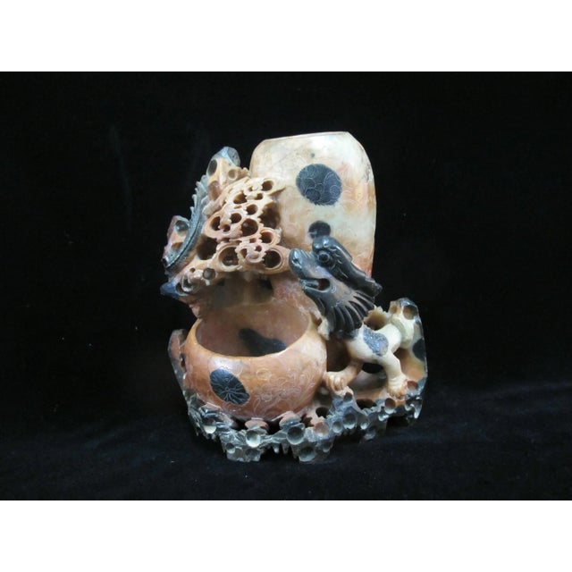 Chinese Carved Soapstone Foo Dog Sculpture Double Brush Pot Inkwell Vase For Sale - Image 10 of 10