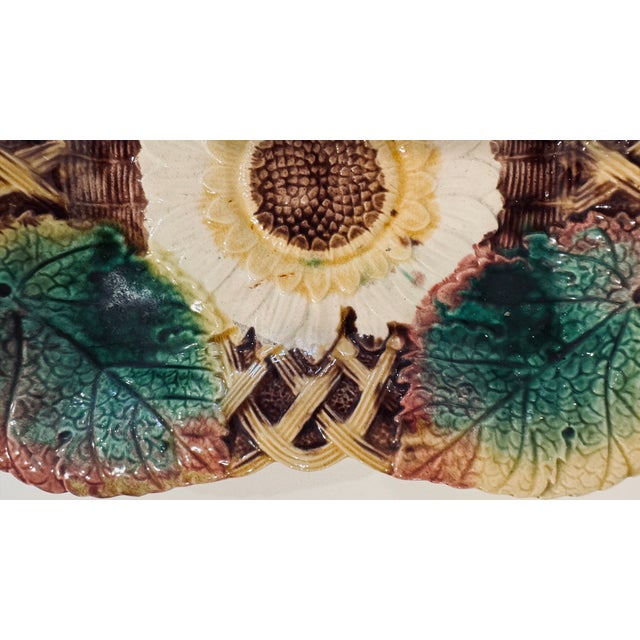 Late 19th Century Late 19th Century Double Handled Majolica Hand-Painted Tray With Sunflower and Leaves For Sale - Image 5 of 5