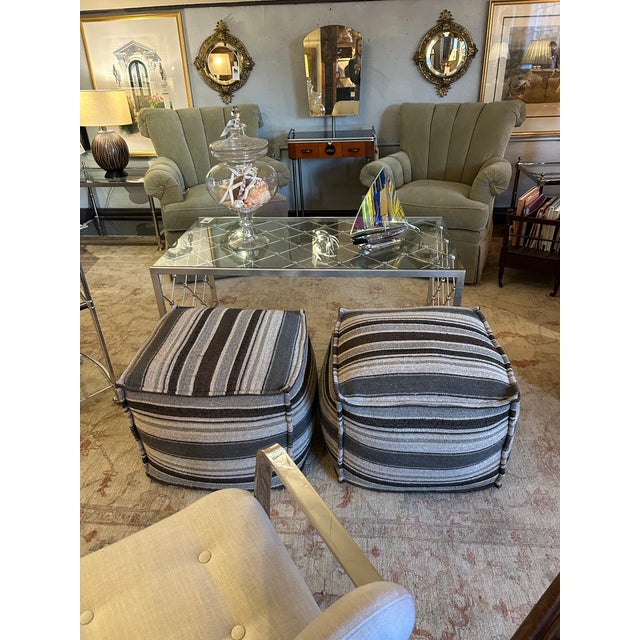 Lee Industries Cube Shaped Striped Upholstered Poufs For Sale - Image 4 of 7