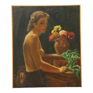 Mid 20th Century Dorothy Christy Cervantes Nude Female Portrait Oil Painting on Canvas 30", Framed