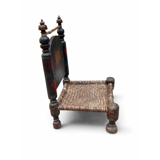 Antique Afghan / Nuristani Folk Art Chair, Hand-Painted Polychrome Wood & Woven Seat For Sale - Image 4 of 12