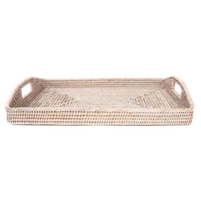 Artifacts Rattan Rectangular Serving Tray with High Handles in White Wash - 21" For Sale - Image 4 of 9