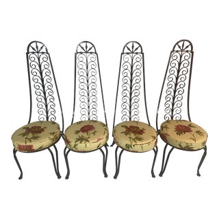 Set of 4 1960's Italian Revival Arthur Umanoff High Back Iron Scroll Dining Chairs For Sale