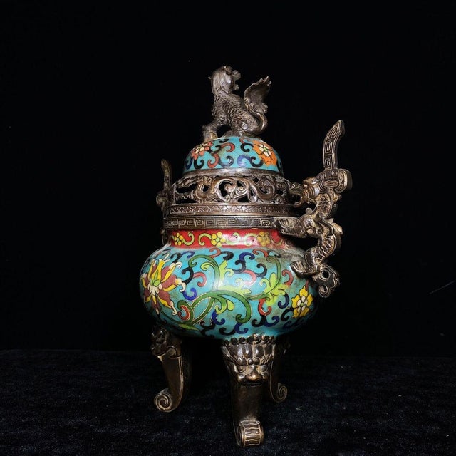 Late 20th Century Vintage Cloisonné Enamel Dragon-Handled Tripod Censer With Qianlong Mark For Sale - Image 5 of 9