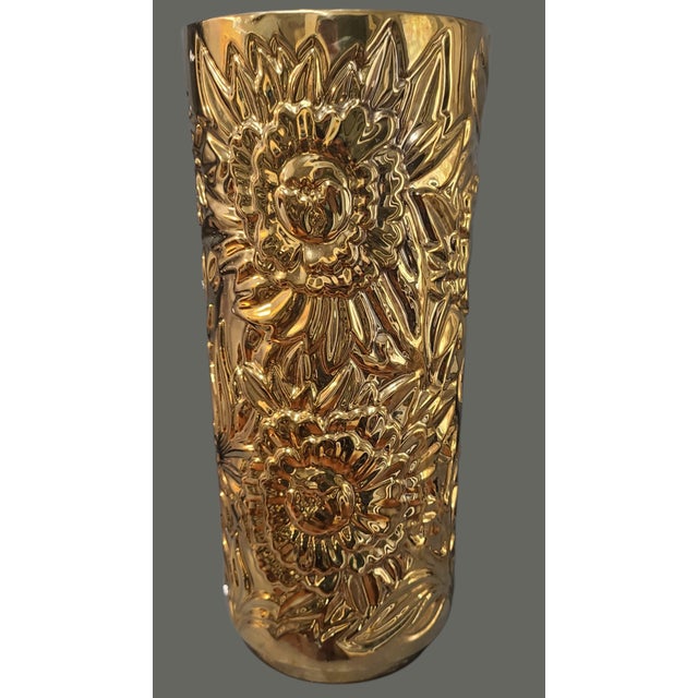 Late 20th Century Hollywood Regency Gold Embossed Ceramic Floral Umbrella Cane Vase Stand For Sale - Image 6 of 10