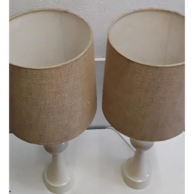 Vintage Table Lamps with Creamy White, Profiled Pillar Foot & Gem Fabric Shade, 1970s, Set of 2 For Sale - Image 3 of 5