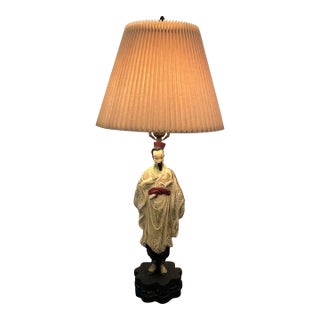 Mid Century Chinoiserie Asian Figural Warrior Chalkware Lamp 22" For Sale