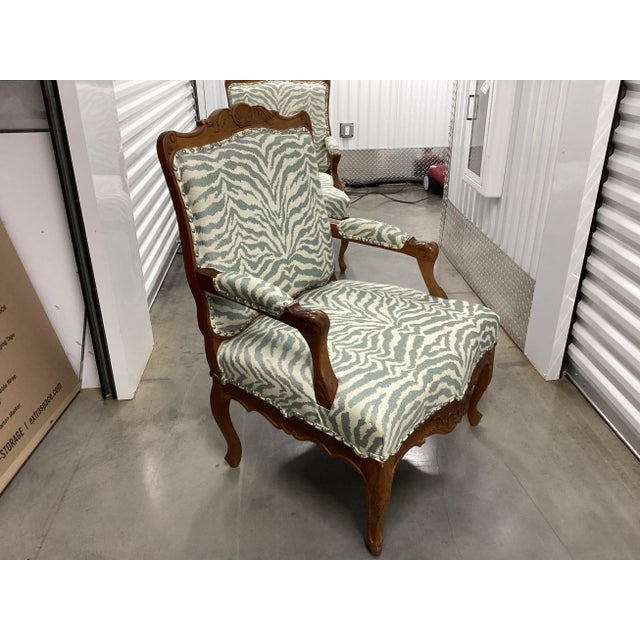 French Walnut Fauteuils Newly Upholstered in Stroheim Animal Print For Sale - Image 14 of 14