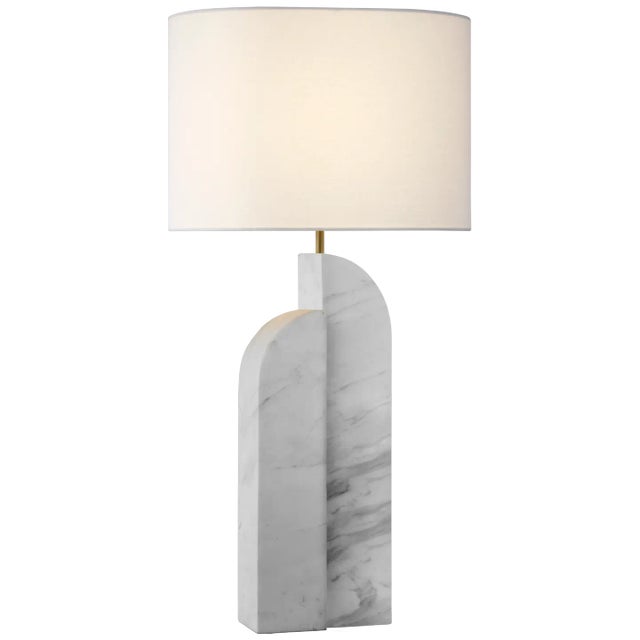 Savoye Large Left Table Lamp in White Marble with Linen Shade Designer: Kelly Wearstler Height: 34" Shade Detail: 18" x...