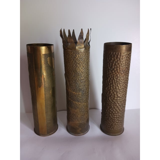 Brass Antique French Ww1 Trench Art Vases Brass Set of 3 All Different For Sale - Image 8 of 12