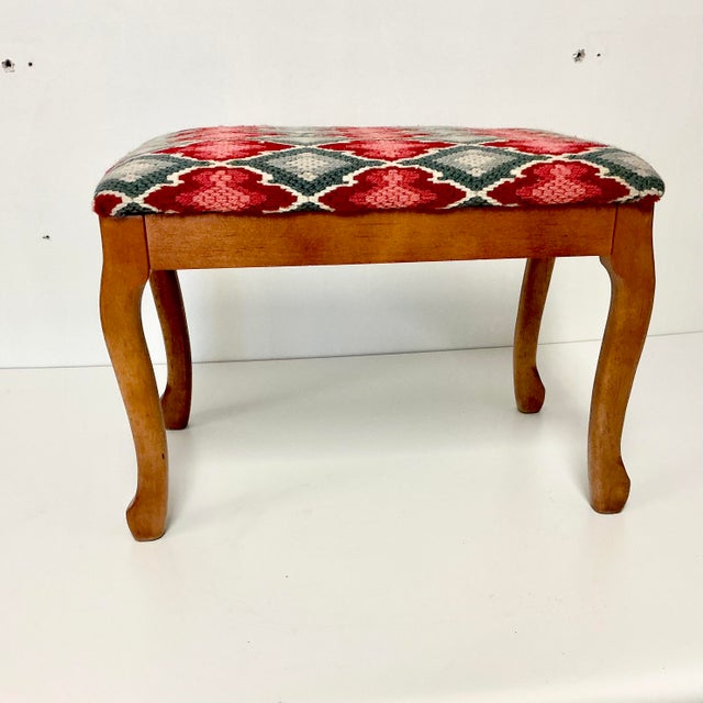 Ruby Red 1970s Mid-Century Boho Chic Folk Art Needlepoint Stool Bench. For Sale - Image 8 of 14