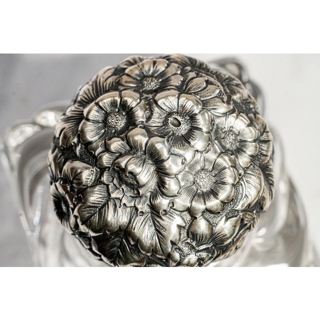 Magnificent Antique Victorian Sterling Silver Repoussé Floral & Swirl Crystal Desk Paperweight Inkwell Luxury Home Decor For Sale - Image 4 of 14