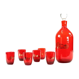Mid-Century Alcohol Bottle & Shot Set in Red Glass, Czechoslovakia, 1960s, Set of 7