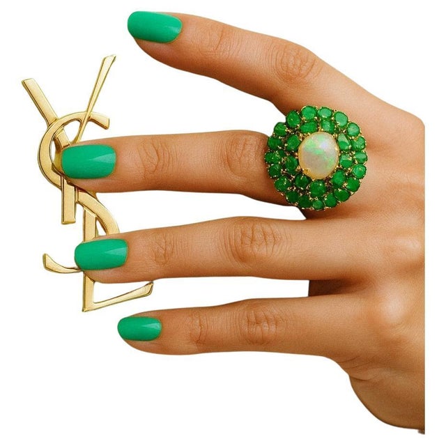Green Bochic “Orient” Vintage Emeralds & Fire Opal Ring Set In 18K Gold & Silver For Sale - Image 8 of 10