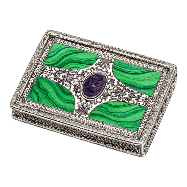 Stunning Ornate European Continental Sterling Silver Malachite Enamel Antique Snuff Box For Sale
