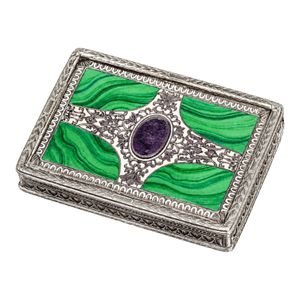 Stunning Ornate European Continental Sterling Silver Malachite Enamel Antique Snuff Box