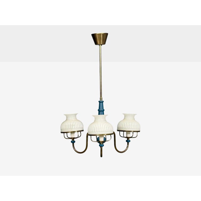 Mid-Century Modern 1940s Swedish Modern, Pendant Light, Blue Lacquered Wood, Glass, Brass For Sale - Image 3 of 12