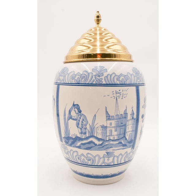 Traditional Royal Delft Large Blue & White Tobacco Jar C-49 With Brass Lid For Sale - Image 3 of 12