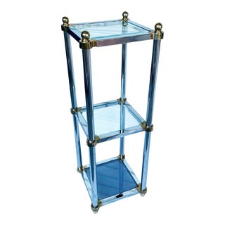 Vintage 80s Deco 3-Tier Chrome Étagère With Brass Finials For Sale