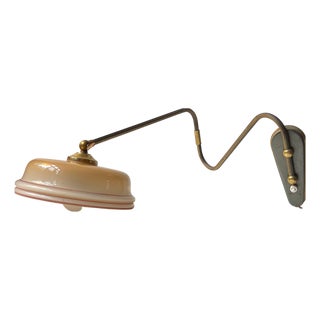 Modern Danish Adjustable Brass Swing Arm Wall Light with Striped Glass Shade, 1960s For Sale