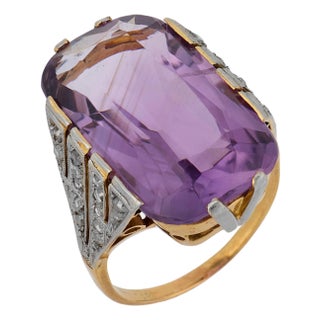 21.23 Carat Cushion Cut Amethyst Diamond 18k Yellow Gold Cocktail Ring, Size 9 For Sale