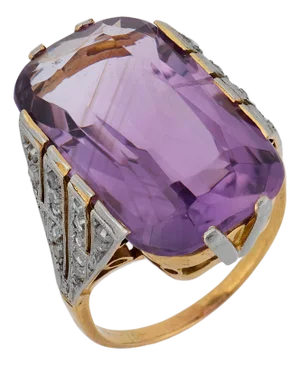 21.23 Carat Cushion Cut Amethyst Diamond 18k Yellow Gold Cocktail Ring, Size 9
