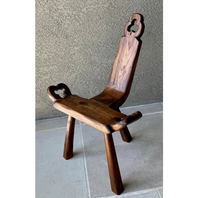 Cabin Mid 20th-Century European Arts & Crafts-Inspired Three-Legged Hardwood Birthing Chair For Sale - Image 3 of 15