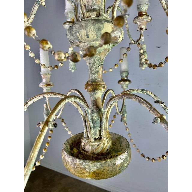 Tan Distressed Twelve Light Chandelier by Melissa Levinson, Wood & Iron For Sale - Image 8 of 17