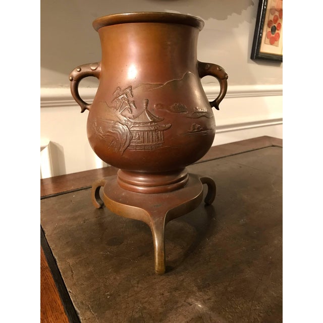 Japanese Bronze Vase on Tripod Base, Signed For Sale - Image 10 of 12