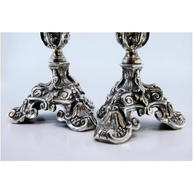 Metal Candlesticks in Embossed Silver with Flowers For Sale - Image 7 of 9
