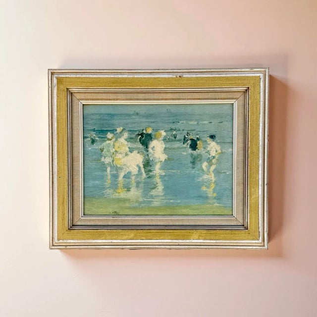 Vintage textured canvas print of “Children on the Beach,” an iconic painting by American Impressionist Edward Henry...