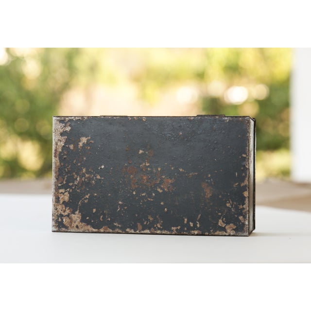 30s Vintage Industrial Metal Steel Tool Box With Rusty Patina and Chipping Black Paint For Sale - Image 14 of 17