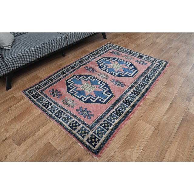 1970s Vintage Turkish Handmade Wool Cotton Pink Area Rug For Sale - Image 4 of 11