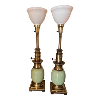 Vintage Stiffel Celadon Green Ostrich Egg Brass Torchiere Lamps - a Pair For Sale