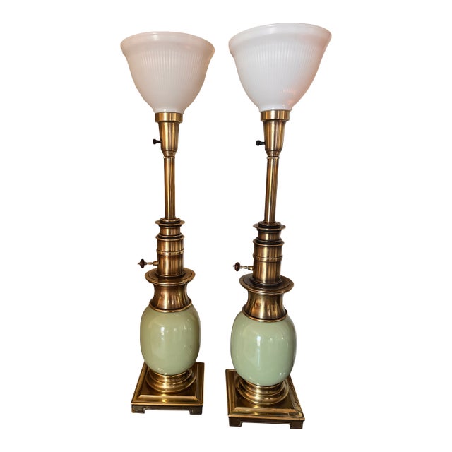 Vintage Stiffel Celadon Green Ostrich Egg Brass Torchiere Lamps - a Pair For Sale