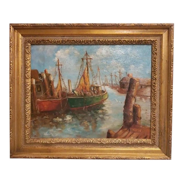 1910s Signature of Listed Artist -Bordes- Nautical Boat Harbor .Oil / Board For Sale