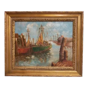 1910s Signature of Listed Artist -Bordes- Nautical Boat Harbor .Oil / Board