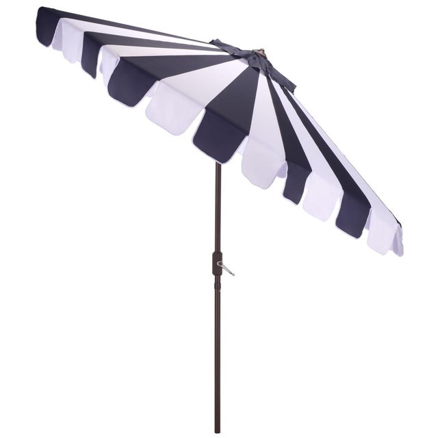 Navy Blue Meze 9 Ft Crank Umbrella, Navy Cabana Stripe/Brown Pole For Sale - Image 8 of 9