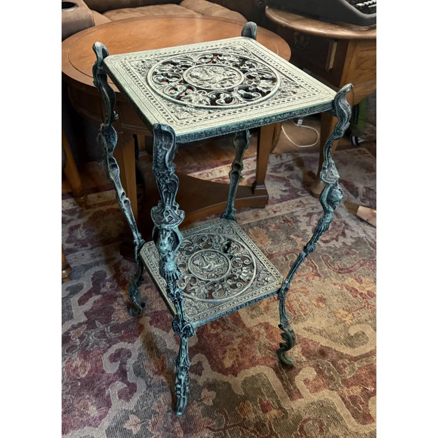Vintage Casted Aluminum Figural Leg Verdigris Two Tier Plant Stand 28" Tall 28" Tall Top is roughly 11" square