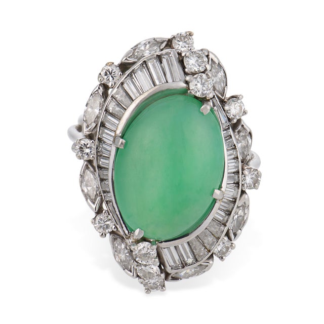 Contemporary Vintage Gia 6.50 Carat Burma Jade Diamond Platinum Cocktail Ring, Size 5.5 For Sale - Image 3 of 5