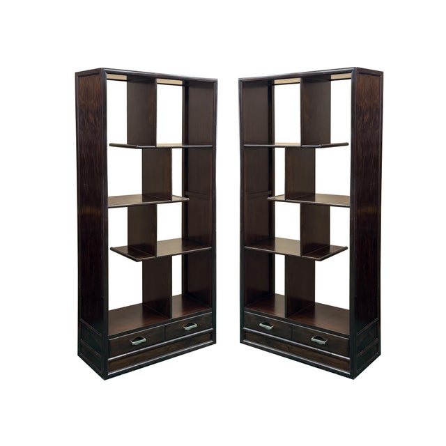 Elevate your space with this striking pair of vintage Asian-inspired asymmetrical etageres. Crafted with a rich, deep...