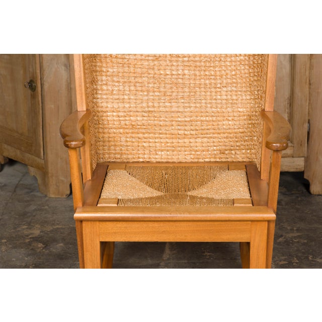 Brown Orkney Island Midcentury Scottish Canopy Chair with Hand Woven Straw Back For Sale - Image 8 of 12