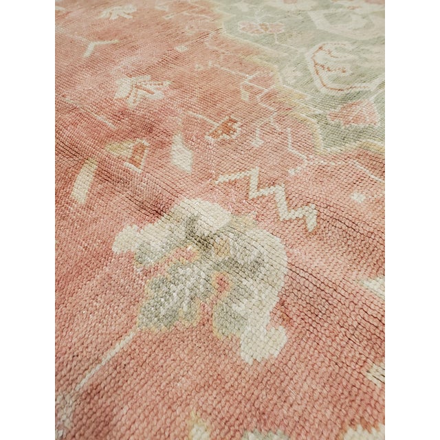 Textile Antique Oushak Carpet, Oriental Rug, Handmade Ivory, Muted Coral, Soft Green For Sale - Image 7 of 18