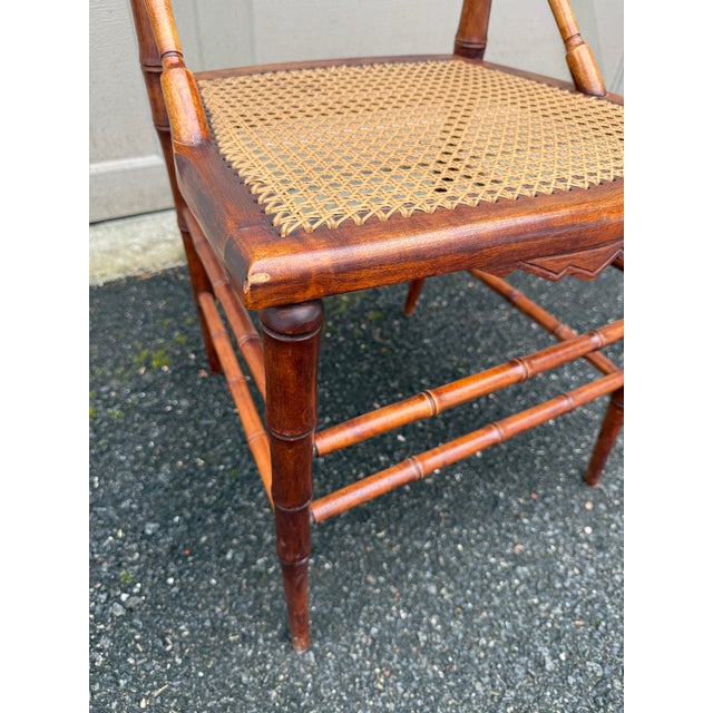 Wood Antique Faux Bamboo R J Horner Style Caned Accent Chair For Sale - Image 7 of 18